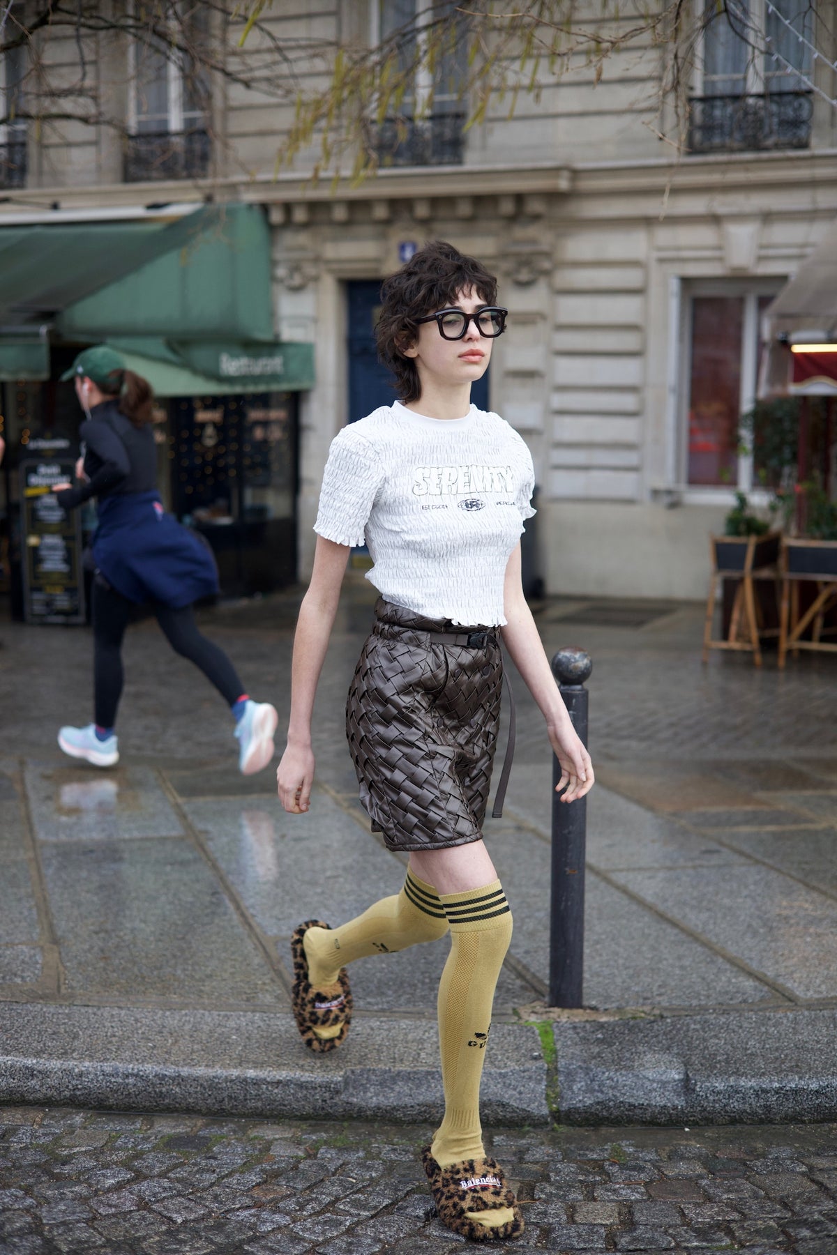 AURéNLEV Shirring Logo Print Tee グレー